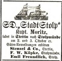 Ogłoszenie ze słupskiej gazety z 1883 roku o rejsach parowca Stadt Stolp z nazwami firm kooperujących w tym przedsięwzięciu