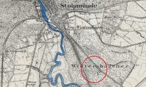 Przybliżona lokalizacja Upiornego Dębu na mapie z około 1910 r